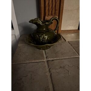 Vintage McCoy 5 1/4" Pottery Green Pitcher and Wash Bowl Basin Set